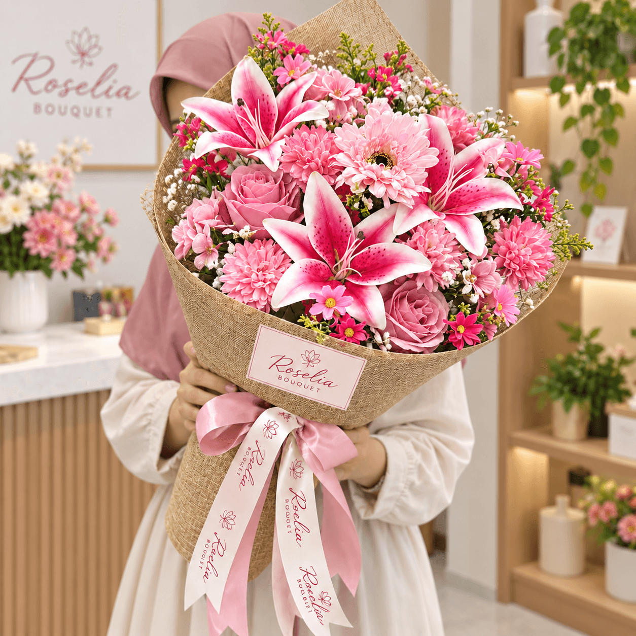 Buket bunga lily pink custom Roselia Bouquet